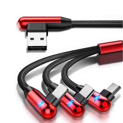 Right Angle 90 Degree 3 in 1 Cable with LED Light Nylon Braided Universal USB Charger Cord with Micro USB/Type C